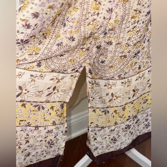 Ann Taylor XL Beige Plum Gold Lurex Paisley Floral Border Balloon Sleeve Dress - Picture 13 of 16